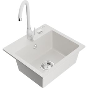 Zlewozmywak granitowy 1-komorowy Mexen Milo z baterią kuchenną Telma biały  6505-20-670200-20