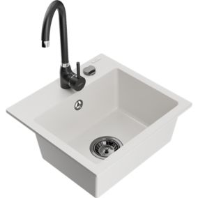 Zlewozmywak granitowy 1-komorowy Mexen Milo z baterią kuchenną Telma biały  6505-20-670200-70 1 szt.