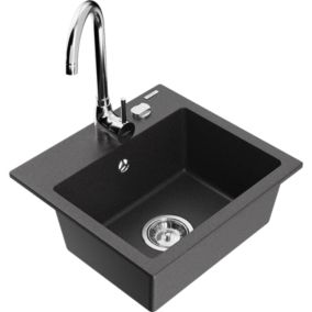 Zlewozmywak granitowy 1-komorowy Mexen Milo z baterią kuchenną Telma czarny/srebrny  - 6505-73-670200-70 1 szt.