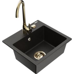Zlewozmywak granitowy 1-komorowy Mexen Milo z baterią kuchenną Telma czarny/złoty  6505-75-670200-50 1 szt.