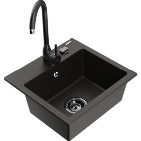 Zlewozmywak granitowy 1-komorowy Mexen Milo z baterią kuchenną Telma czarny/złoty  6505-75-670200-70-B 1 szt.