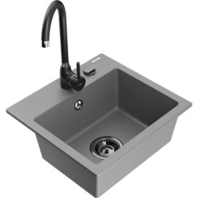 Zlewozmywak granitowy 1-komorowy Mexen Milo z baterią kuchenną Telma szary  6505-71-670200-70-B