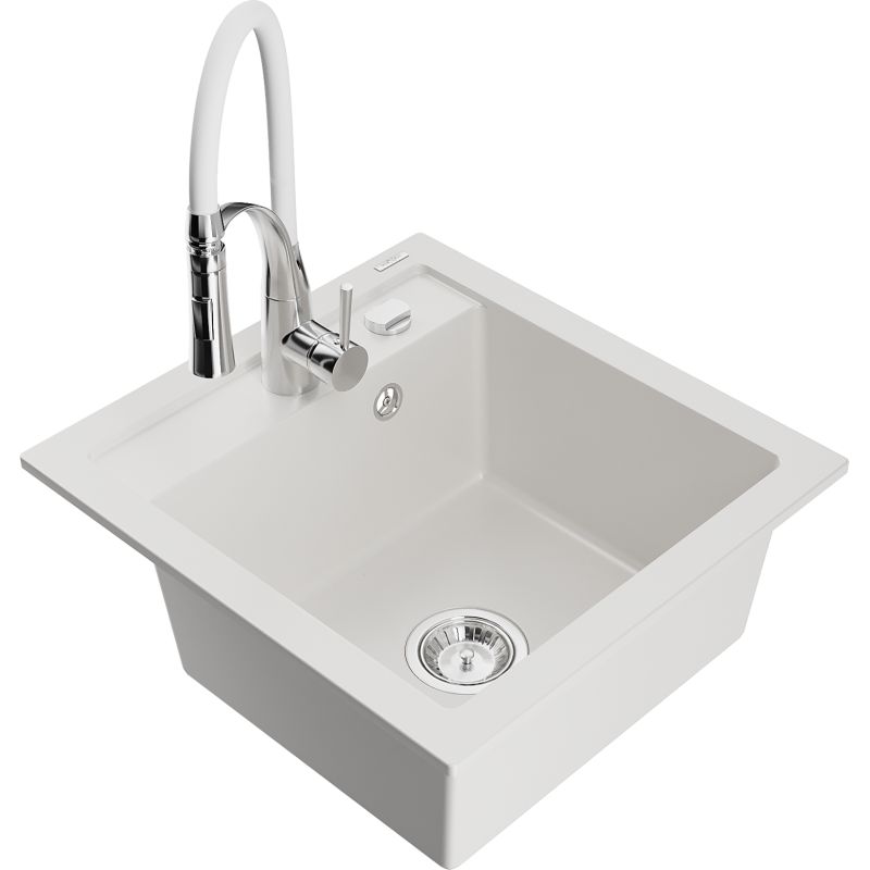 Zlewozmywak granitowy 1-komorowy Mexen Vito z baterią kuchenną Aster biały  6503-20-73450-02 1 szt.