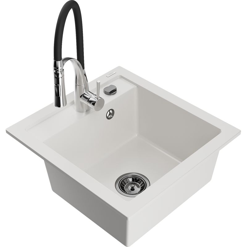 Zlewozmywak granitowy 1-komorowy Mexen Vito z baterią kuchenną Aster biały  6503-20-73450-07-B 1 szt.