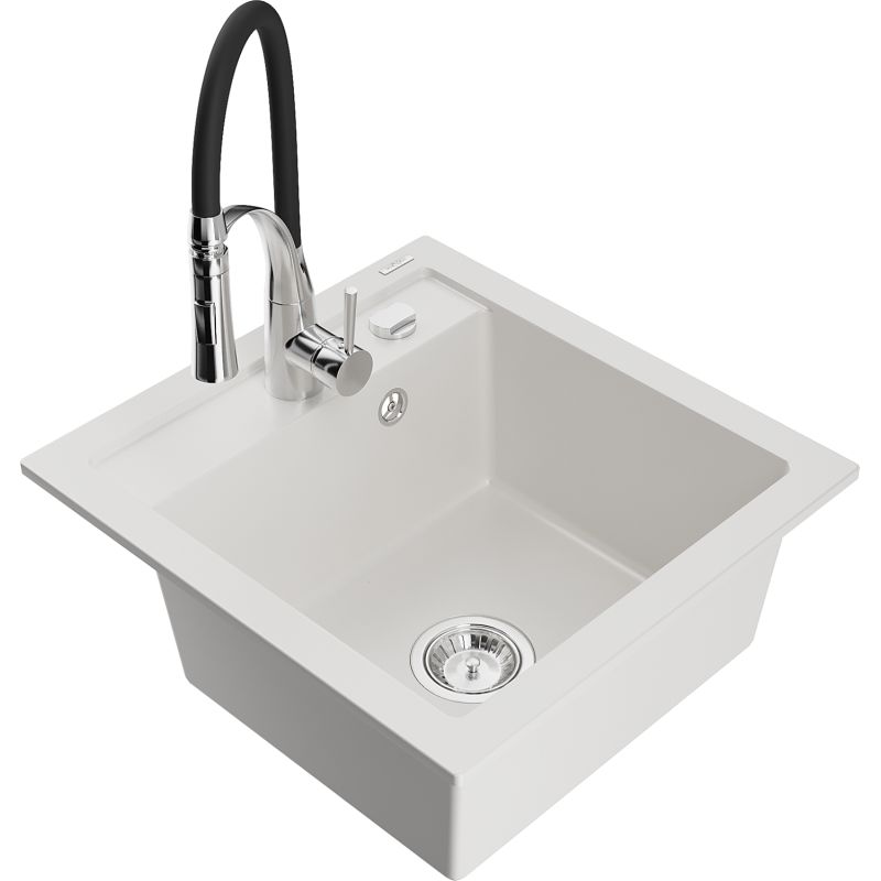 Zlewozmywak granitowy 1-komorowy Mexen Vito z baterią kuchenną Aster biały  6503-20-73450-07