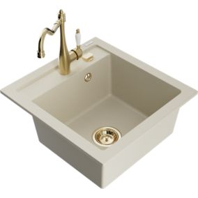 Zlewozmywak granitowy 1-komorowy Mexen Vito z baterią kuchenną Carla beżowy  6503-69-670700-50