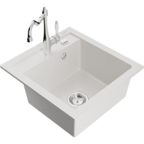Zlewozmywak granitowy 1-komorowy Mexen Vito z baterią kuchenną Carla biały  6503-20-670700-00