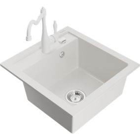Zlewozmywak granitowy 1-komorowy Mexen Vito z baterią kuchenną Carla biały  6503-20-670700-20 1 szt.