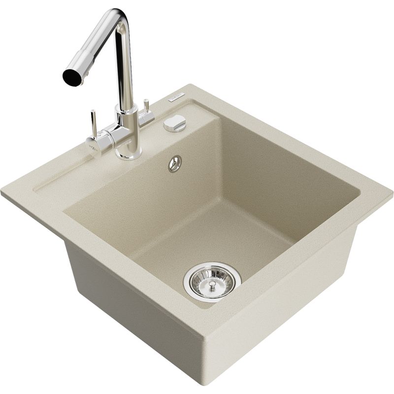 Zlewozmywak granitowy 1-komorowy Mexen Vito z baterią kuchenną Duero beżowy  6503-69-671600-00 1 szt.