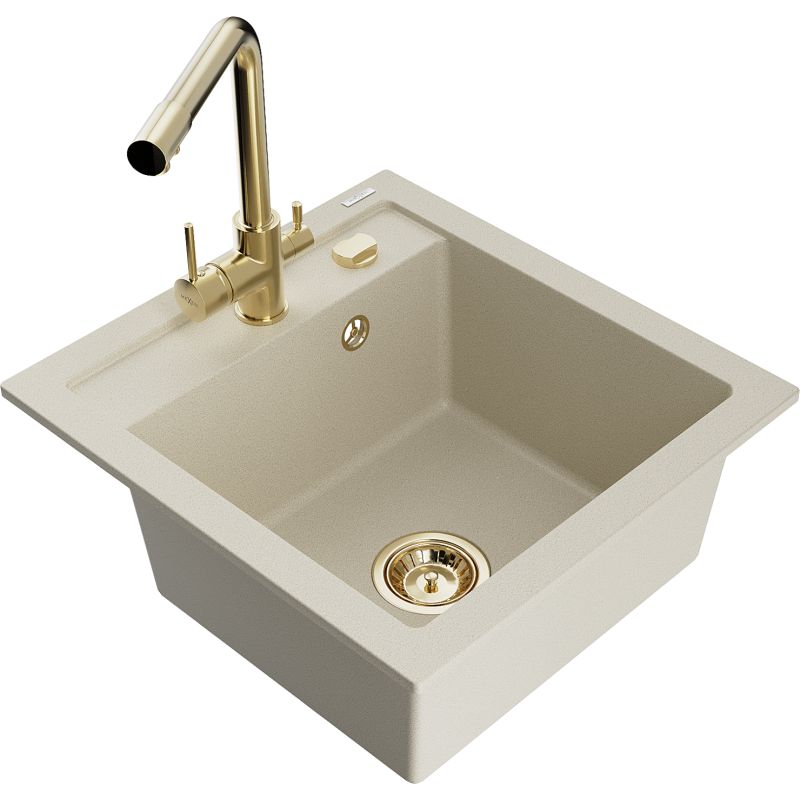 Zlewozmywak granitowy 1-komorowy Mexen Vito z baterią kuchenną Duero beżowy  6503-69-671600-50
