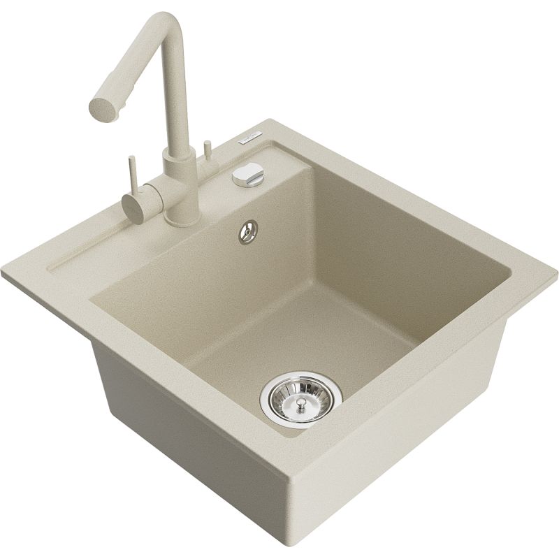 Zlewozmywak granitowy 1-komorowy Mexen Vito z baterią kuchenną Duero beżowy  6503-69-671600-69