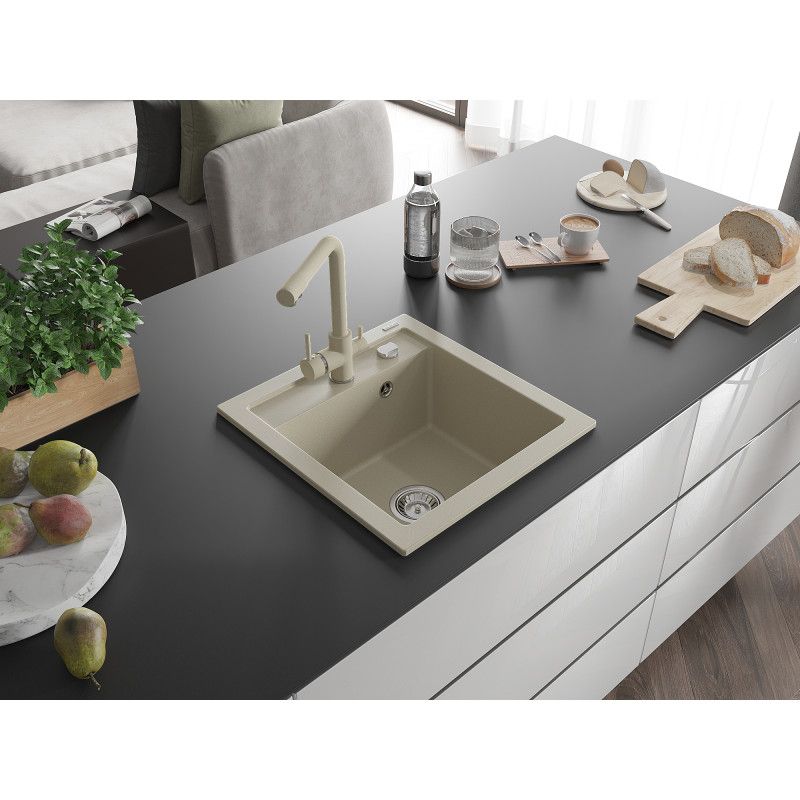 Zlewozmywak granitowy 1-komorowy Mexen Vito z baterią kuchenną Duero beżowy  6503-69-671600-69