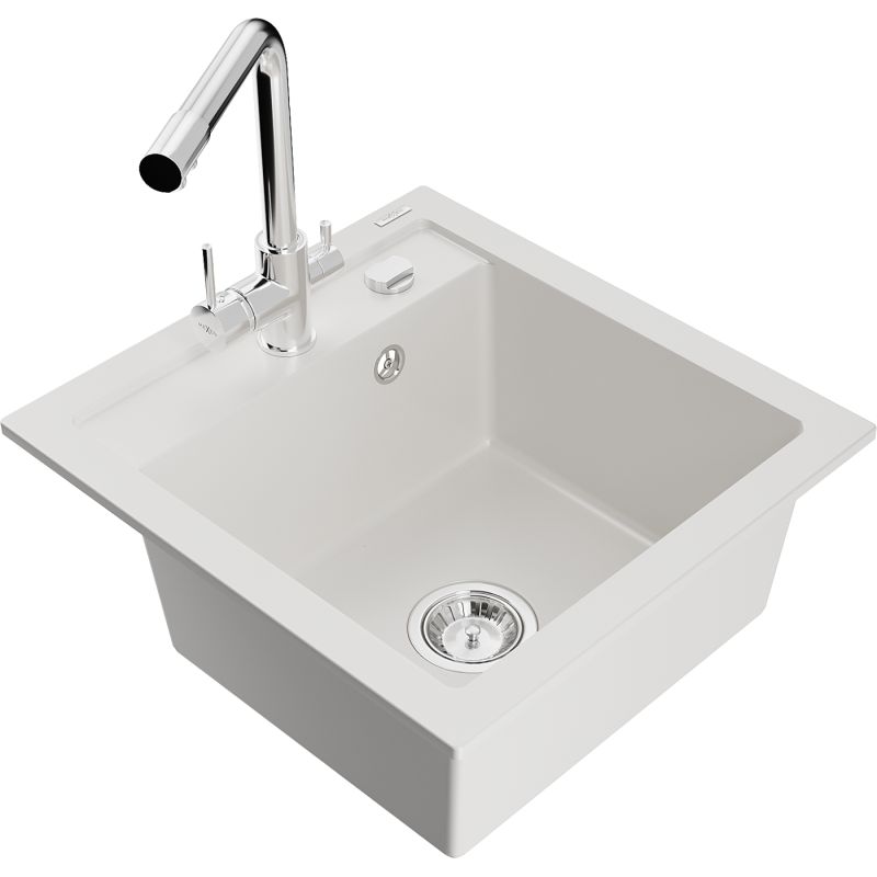 Zlewozmywak granitowy 1-komorowy Mexen Vito z baterią kuchenną Duero biały  6503-20-671600-00 1 szt.