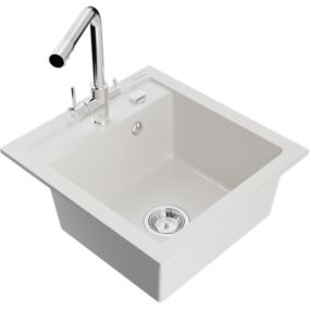 Zlewozmywak granitowy 1-komorowy Mexen Vito z baterią kuchenną Duero biały  6503-20-671600-00 1 szt.