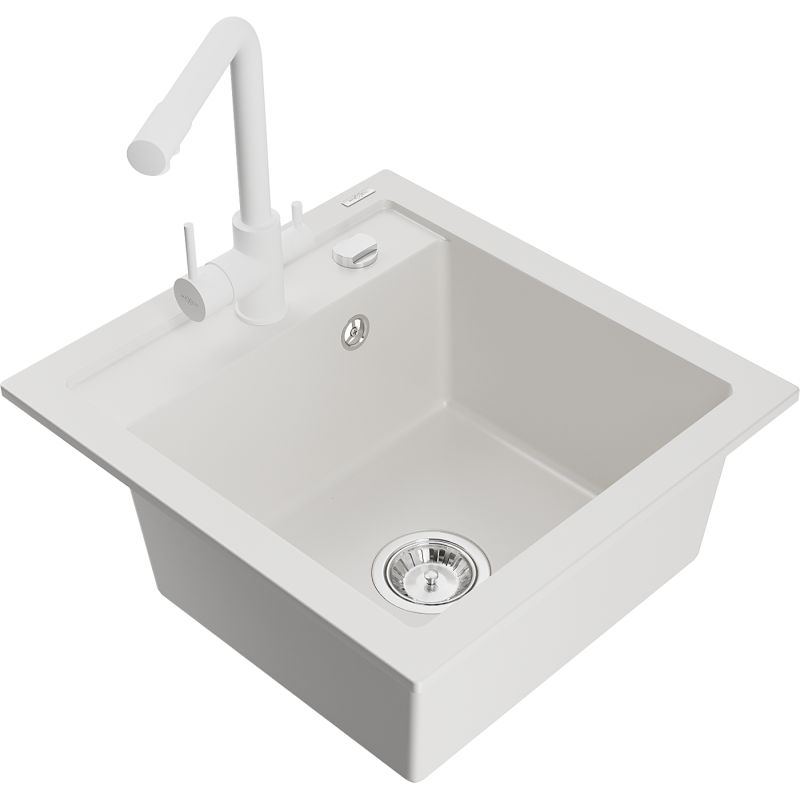 Zlewozmywak granitowy 1-komorowy Mexen Vito z baterią kuchenną Duero biały  6503-20-671600-20 1 szt.