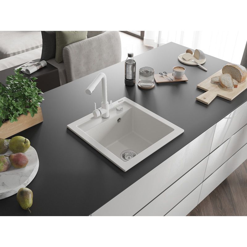 Zlewozmywak granitowy 1-komorowy Mexen Vito z baterią kuchenną Duero biały  6503-20-671600-20