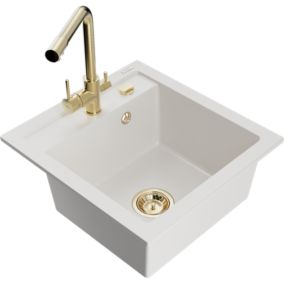 Zlewozmywak granitowy 1-komorowy Mexen Vito z baterią kuchenną Duero biały  6503-20-671600-50 1 szt.