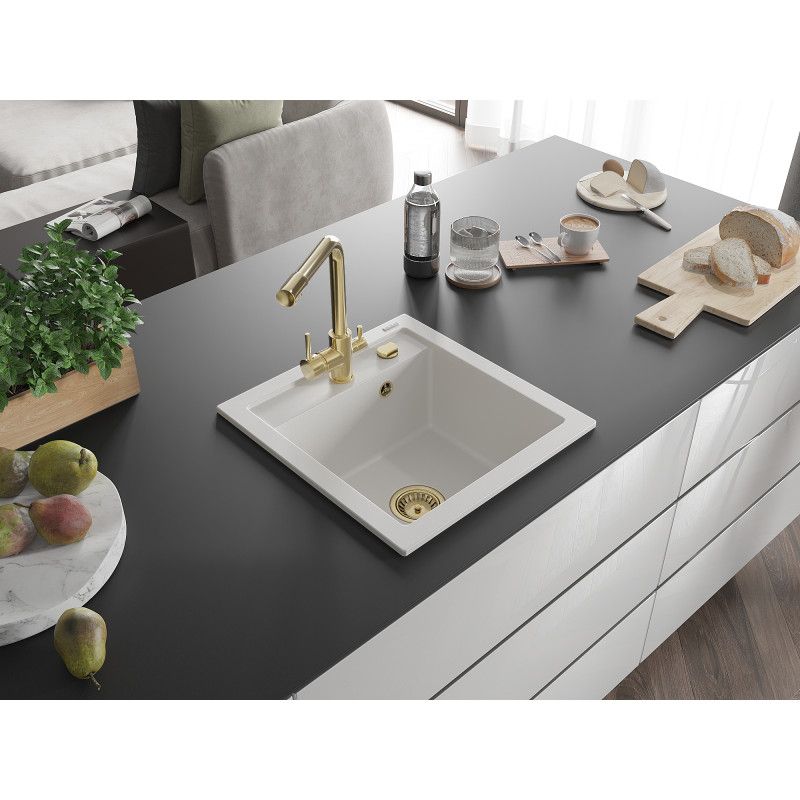 Zlewozmywak granitowy 1-komorowy Mexen Vito z baterią kuchenną Duero biały  6503-20-671600-50 1 szt.