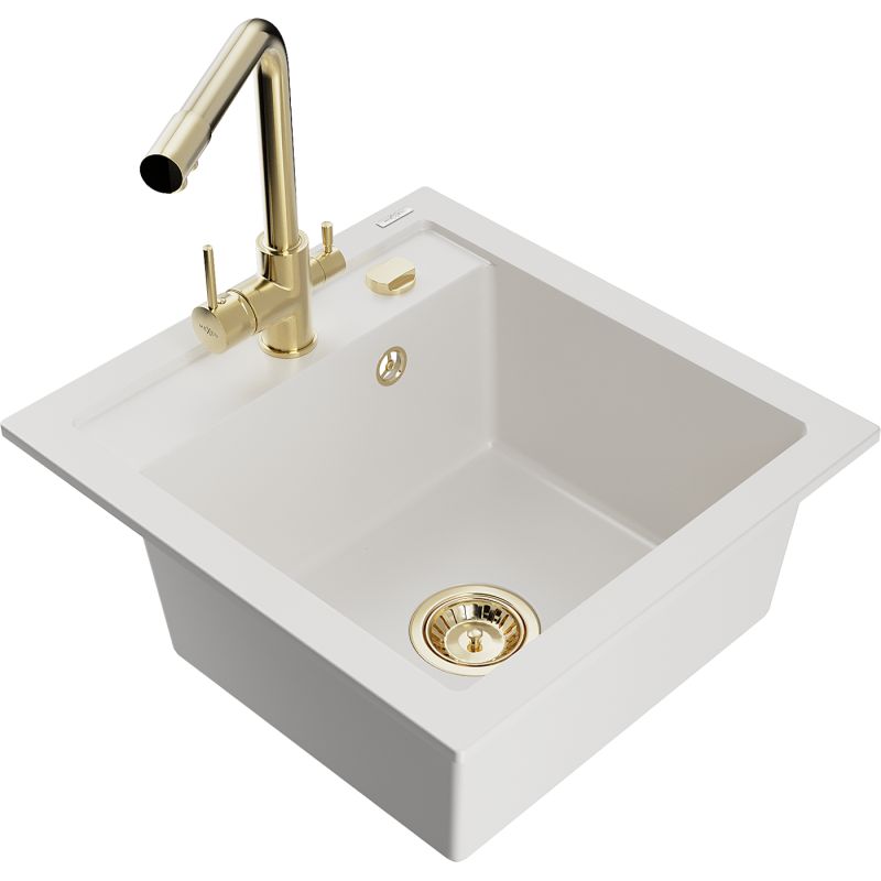 Zlewozmywak granitowy 1-komorowy Mexen Vito z baterią kuchenną Duero biały  6503-20-671600-50