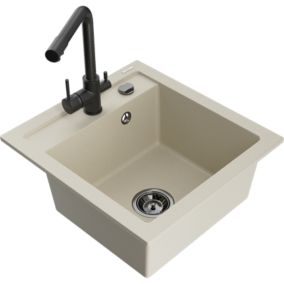 Zlewozmywak granitowy 1-komorowy Mexen Vito z baterią kuchenną Duero biały  - 6503-20-671600-70 1 szt.