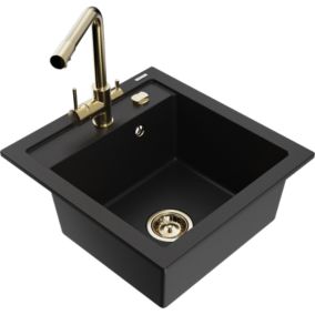 Zlewozmywak granitowy 1-komorowy Mexen Vito z baterią kuchenną Duero czarny  6503-77-671600-50