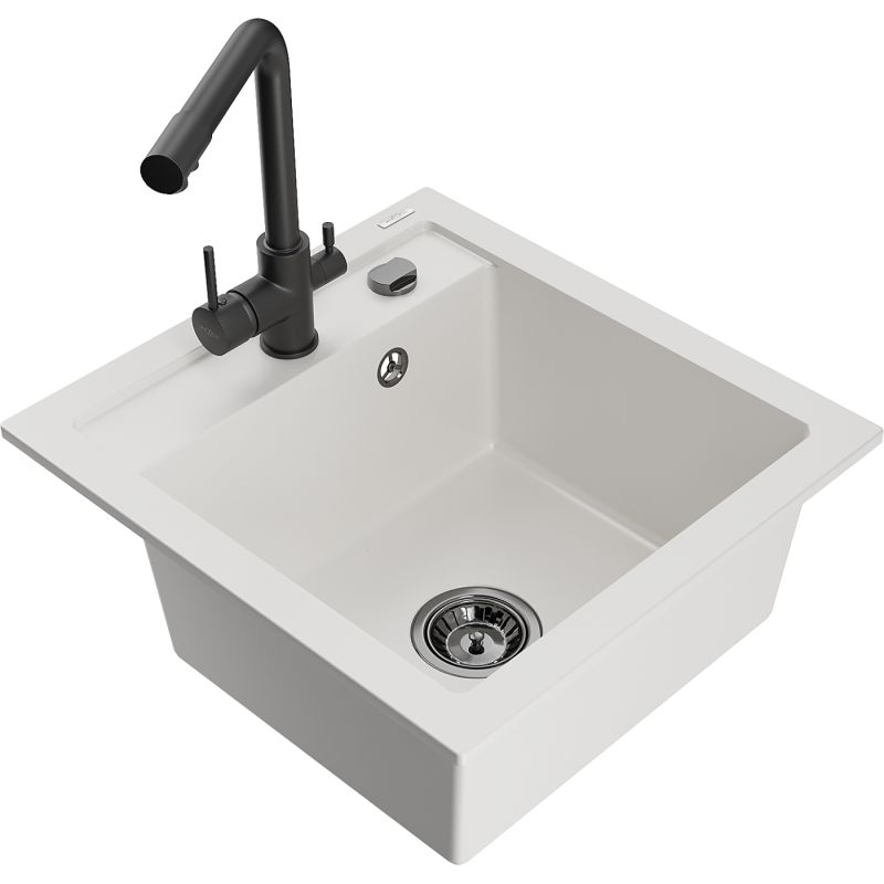 Zlewozmywak granitowy 1-komorowy Mexen Vito z baterią kuchenną Duero czarny  - 6503-77-671600-70 1 szt.