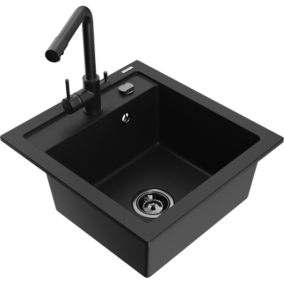 Zlewozmywak granitowy 1-komorowy Mexen Vito z baterią kuchenną Duero czarny  6503-77-671600-70-B