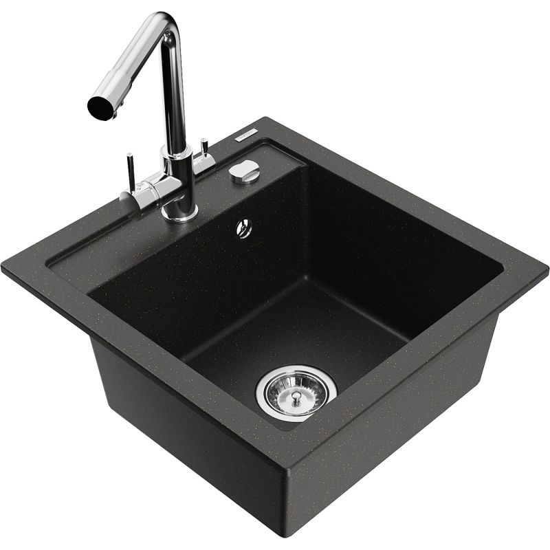 Zlewozmywak granitowy 1-komorowy Mexen Vito z baterią kuchenną Duero czarny/złoty metalik  6503-75-671600-00 1 szt.