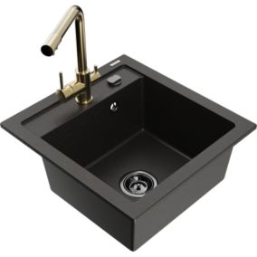 Zlewozmywak granitowy 1-komorowy Mexen Vito z baterią kuchenną Duero czarny/złoty metalik  6503-75-671600-50-B