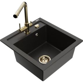 Zlewozmywak granitowy 1-komorowy Mexen Vito z baterią kuchenną Duero czarny/złoty metalik  6503-75-671600-50