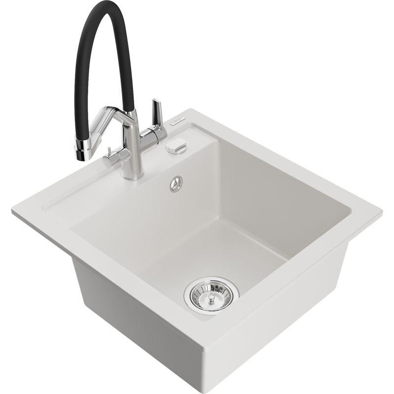 Zlewozmywak granitowy 1-komorowy Mexen Vito z baterią kuchenną Duo biały  6503-20-671701-07 1 szt.