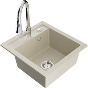 Zlewozmywak granitowy 1-komorowy Mexen Vito z baterią kuchenną Elia beżowy  6503-69-670101-00 1 szt.