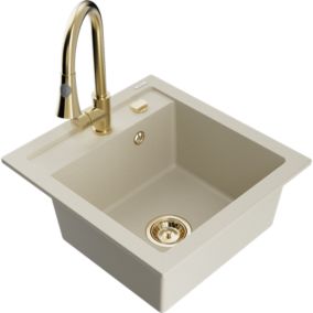 Zlewozmywak granitowy 1-komorowy Mexen Vito z baterią kuchenną Elia beżowy  6503-69-670101-50 1 szt.