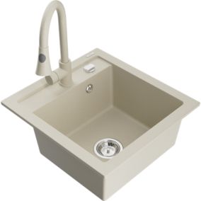 Zlewozmywak granitowy 1-komorowy Mexen Vito z baterią kuchenną Elia beżowy  6503-69-670101-69