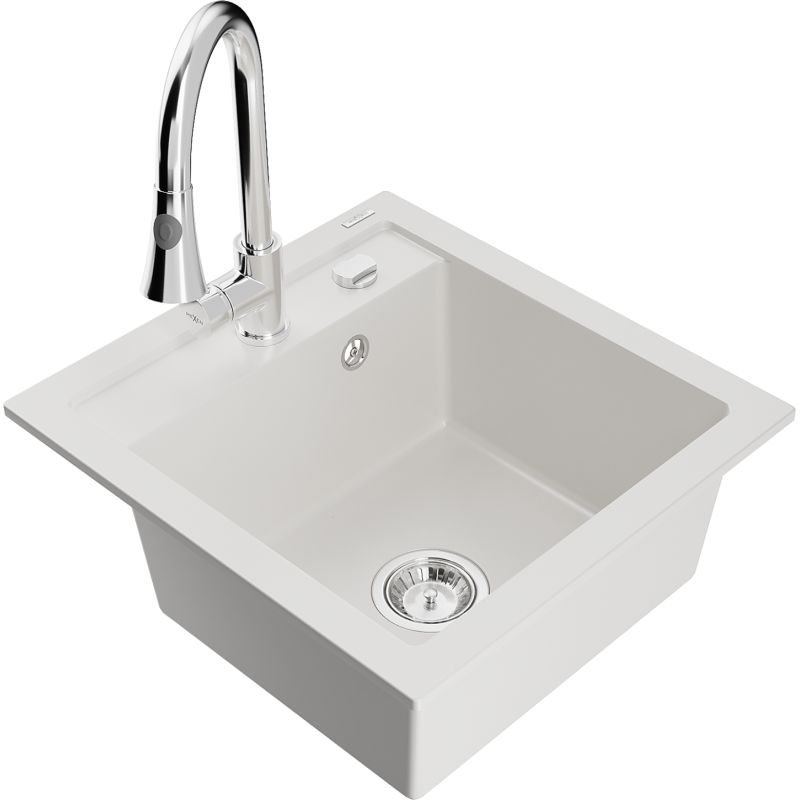 Zlewozmywak granitowy 1-komorowy Mexen Vito z baterią kuchenną Elia biały  6503-20-670101-00 1 szt.