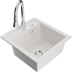 Zlewozmywak granitowy 1-komorowy Mexen Vito z baterią kuchenną Elia biały  6503-20-670101-00 1 szt.