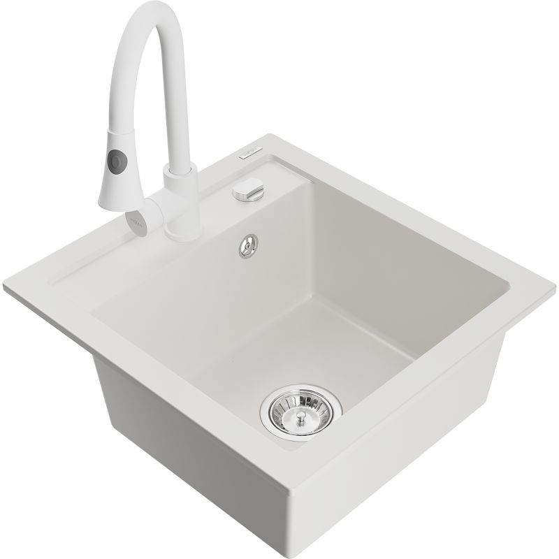 Zlewozmywak granitowy 1-komorowy Mexen Vito z baterią kuchenną Elia biały  6503-20-670101-20 1 szt.