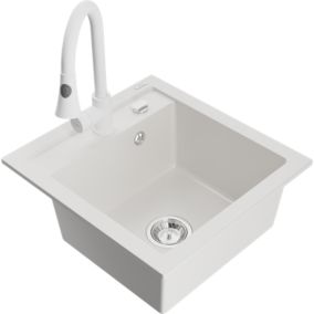 Zlewozmywak granitowy 1-komorowy Mexen Vito z baterią kuchenną Elia biały  6503-20-670101-20 1 szt.