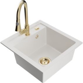 Zlewozmywak granitowy 1-komorowy Mexen Vito z baterią kuchenną Elia biały  6503-20-670101-50