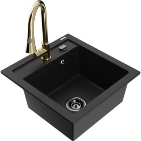 Zlewozmywak granitowy 1-komorowy Mexen Vito z baterią kuchenną Elia czarny  6503-77-670101-50-B