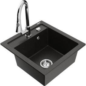 Zlewozmywak granitowy 1-komorowy Mexen Vito z baterią kuchenną Elia czarny/złoty metalik  6503-75-670101-00 1 szt.
