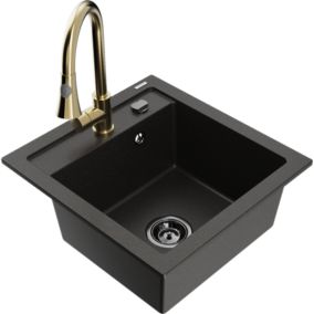 Zlewozmywak granitowy 1-komorowy Mexen Vito z baterią kuchenną Elia czarny/złoty metalik  6503-75-670101-50-B 1 szt.