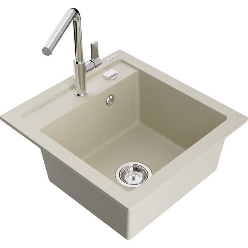 Zlewozmywak granitowy 1-komorowy Mexen Vito z baterią kuchenną Flora beżowy  6503-69-670401-00 1 szt.