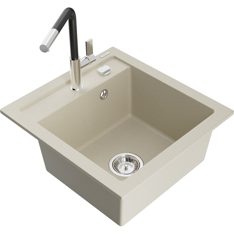 Zlewozmywak granitowy 1-komorowy Mexen Vito z baterią kuchenną Flora beżowy  6503-69-670401-07 1 szt.