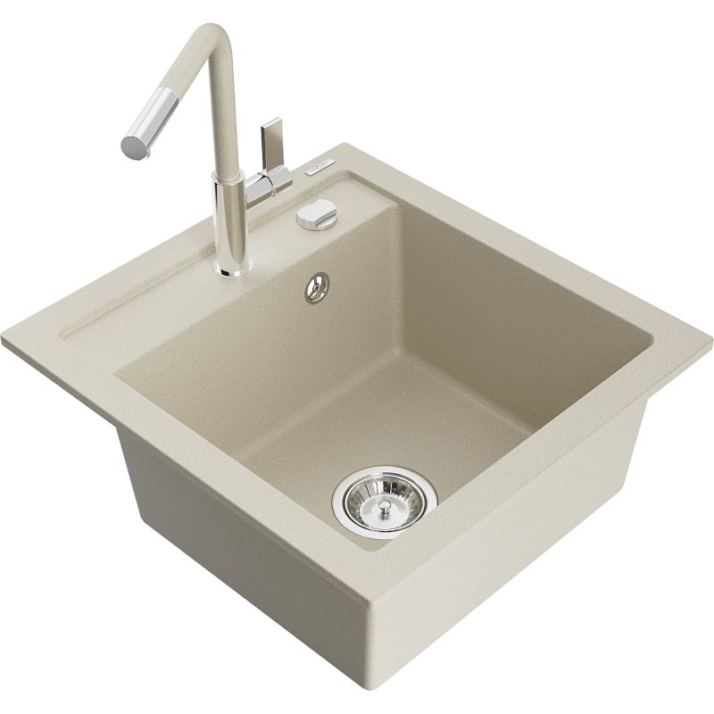 Zlewozmywak granitowy 1-komorowy Mexen Vito z baterią kuchenną Flora beżowy  6503-69-670401-09 1 szt.