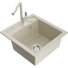 Zlewozmywak granitowy 1-komorowy Mexen Vito z baterią kuchenną Flora beżowy  6503-69-670401-09