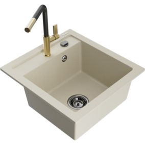 Zlewozmywak granitowy 1-komorowy Mexen Vito z baterią kuchenną Flora beżowy  6503-69-670401-57-B