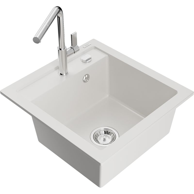 Zlewozmywak granitowy 1-komorowy Mexen Vito z baterią kuchenną Flora biały  6503-20-670401-00