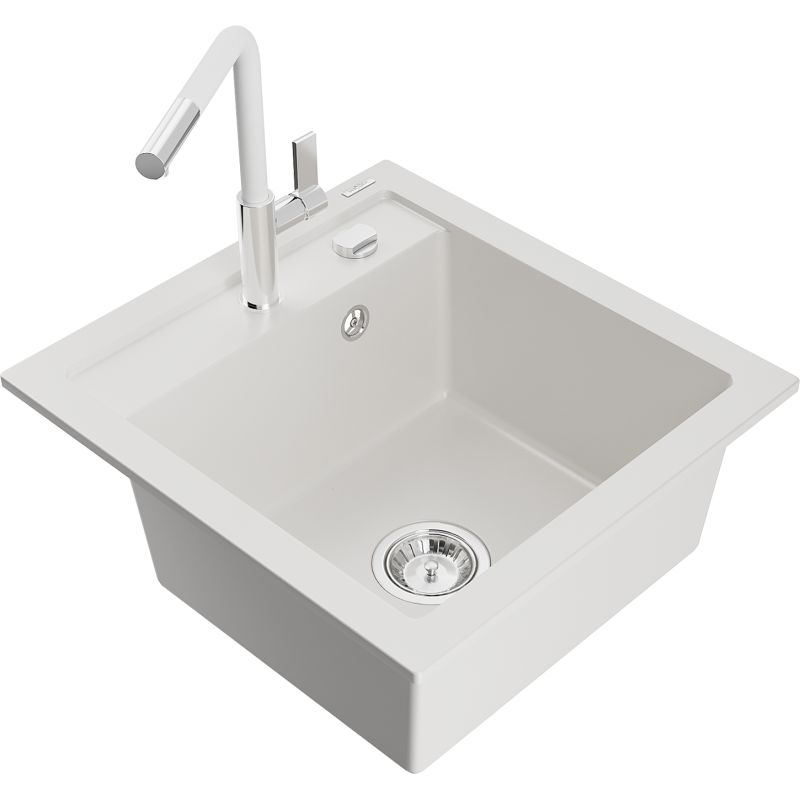 Zlewozmywak granitowy 1-komorowy Mexen Vito z baterią kuchenną Flora biały  6503-20-670401-02 1 szt.