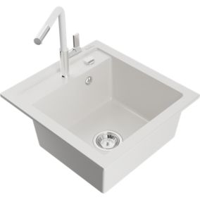 Zlewozmywak granitowy 1-komorowy Mexen Vito z baterią kuchenną Flora biały  6503-20-670401-02